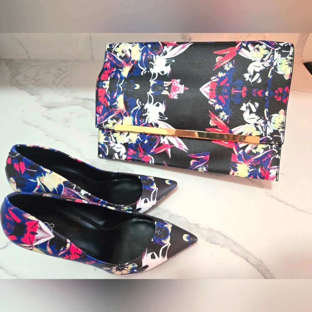 Aldo Black/Colorful Heels 6.5 Pumps & Clutch Purse set